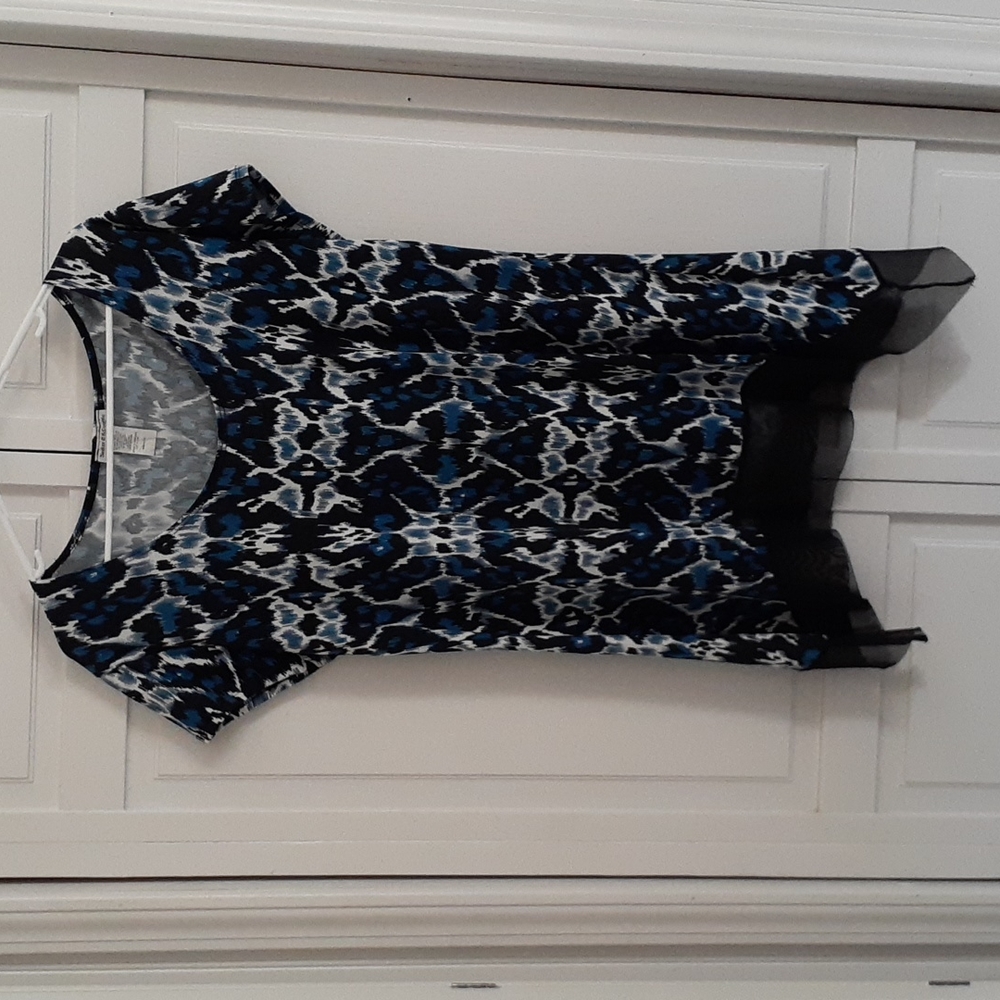 Bleeker and McDougal Large Women's tunic top,  blue, black and white with sheer